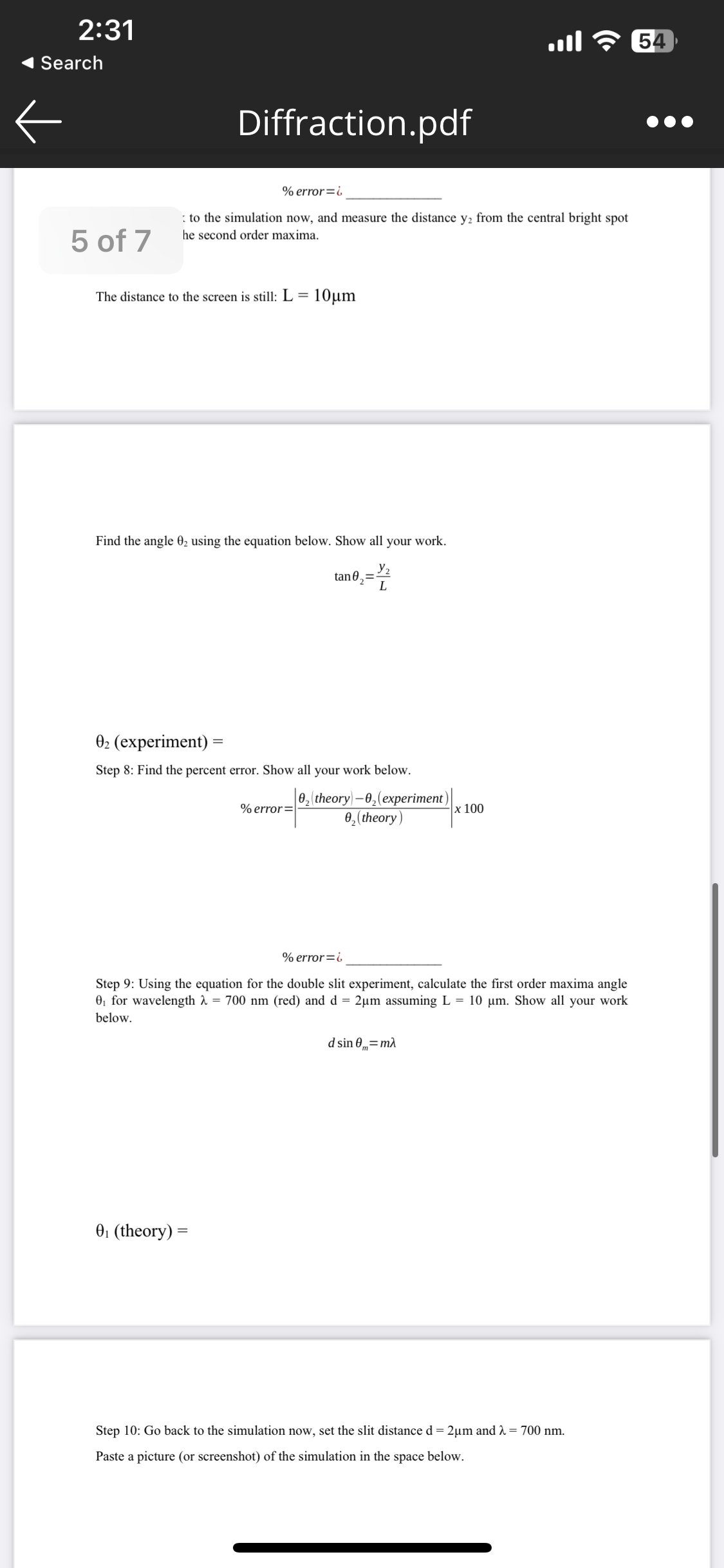 interference pattern on the screen placed at a distance of 10um from