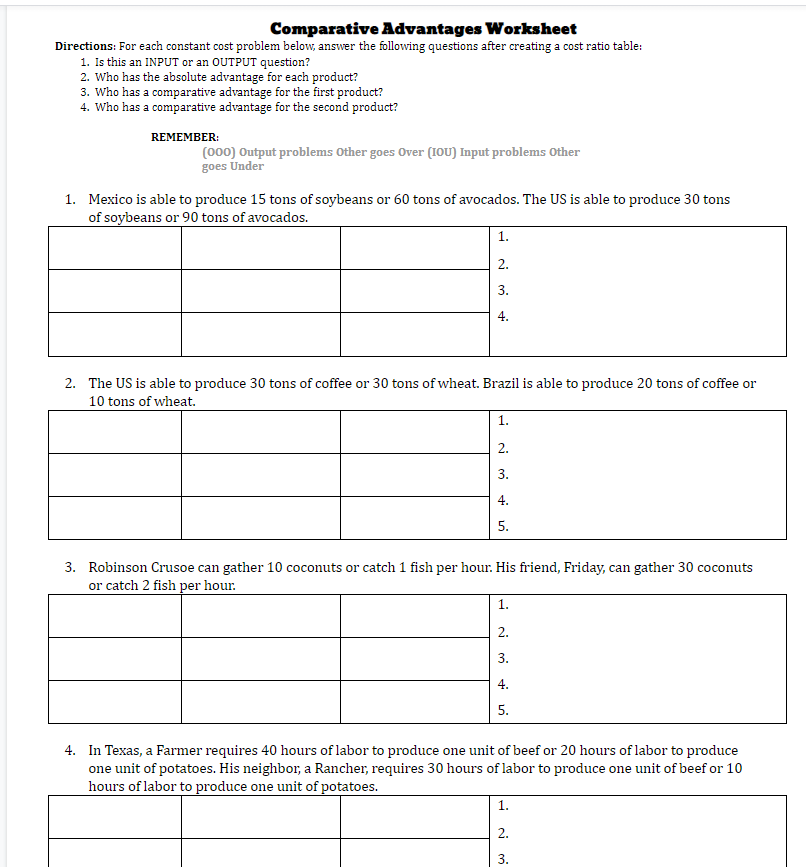Comparative Advantages Worksheet Directions: For each constant cost problem below, answer