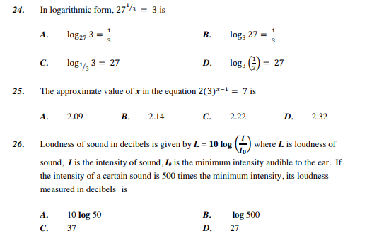 24. 25. 26. In logarithmic form, 2 7 t/' A. logn 3
