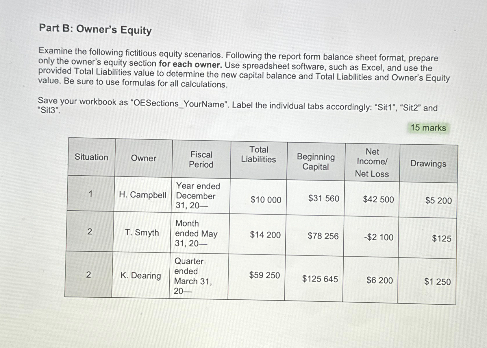  Equity Equation Assignment For this assignment, you will determine missing values