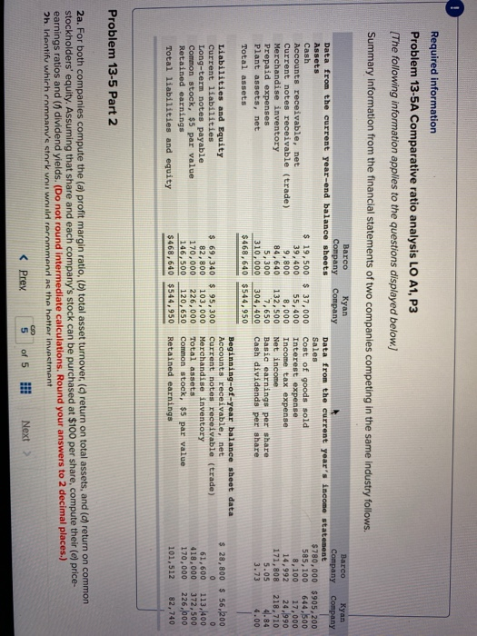  Required information Problem 13-5A Comparative ratio analysis LO A1, P3 (The