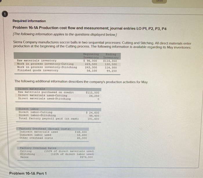  Required information Problem 16-1A Production cost flow and measurement; journal entries