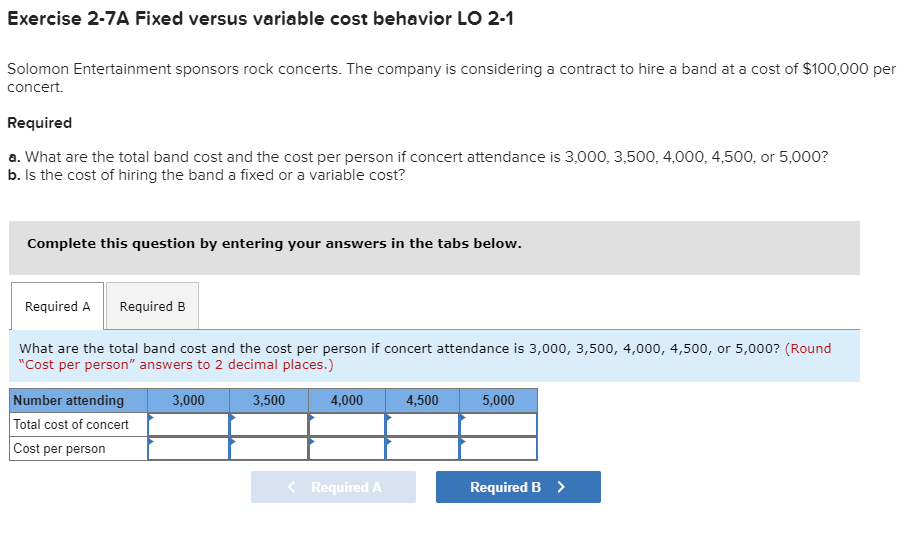 Exercise 2-7A Fixed versus variable cost behavior LO 2-1 Solomon Entertainment