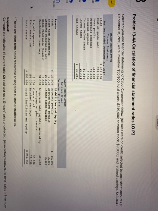  Problem 13-4A Calculation of financial statement ratios LO P3 Selected year-end