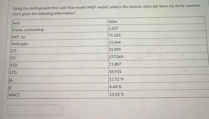  Using the multi-growth free cash flow model (MGF model), what is