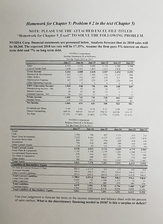  please show all work in excel! Homework for Chapter 5: Problem