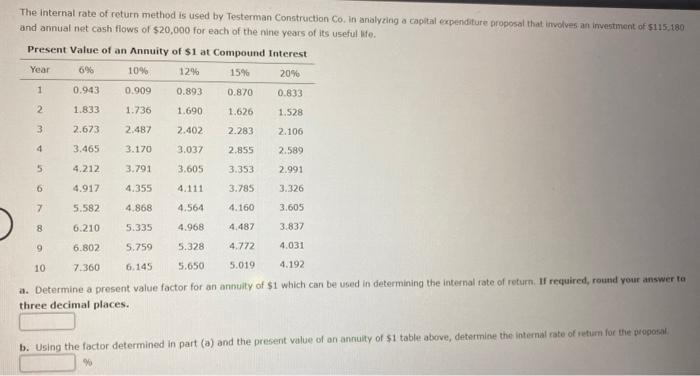  The internal rate of return method is used by Testerman Construction