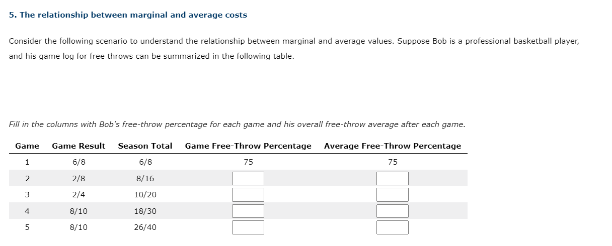 5. The relationship between marginal and average costs Consider the following