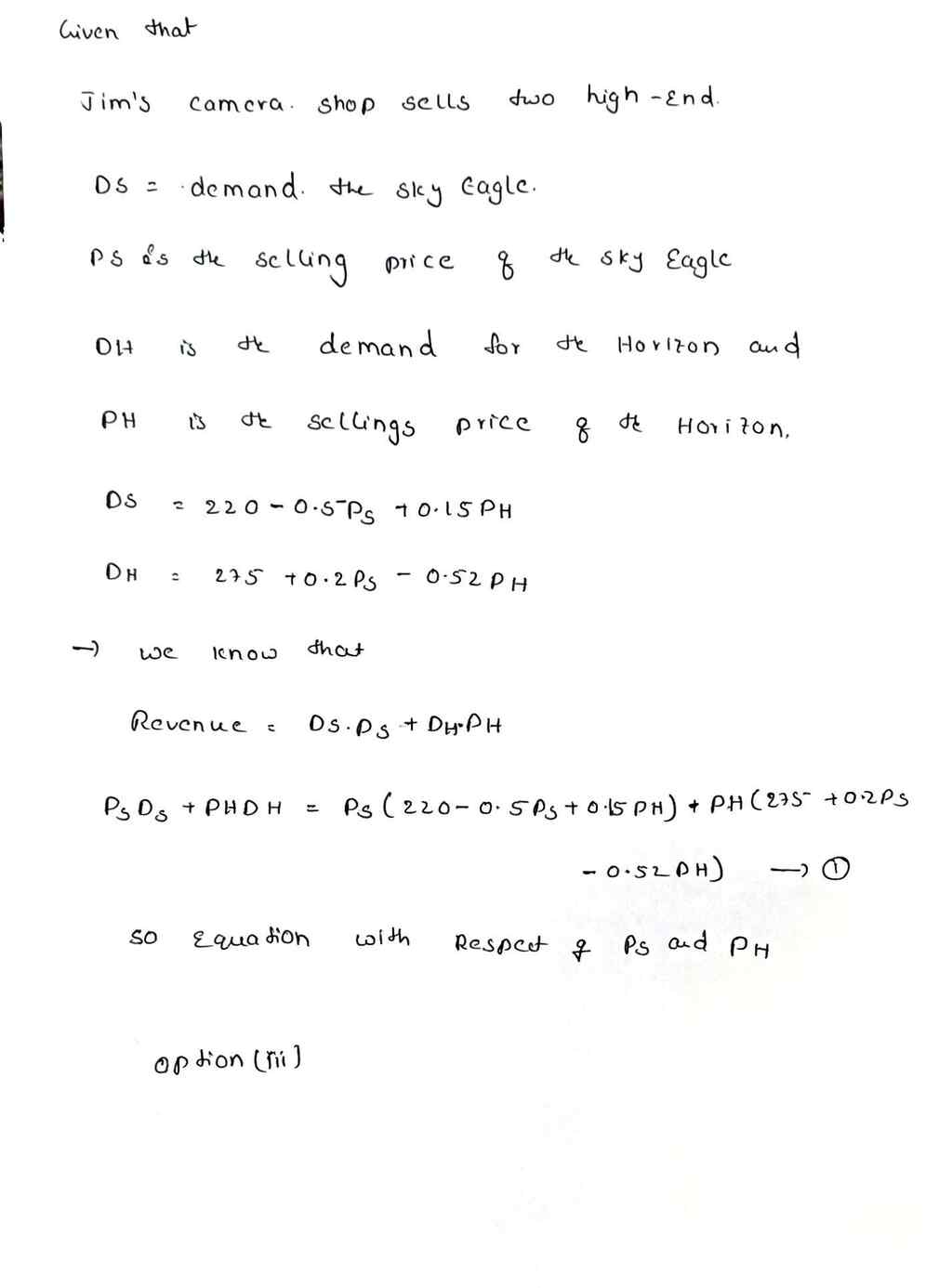 Jim's Camera shop sells two high-end cameras, the Sky Eagle and Horizon.