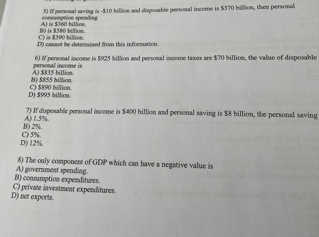Hello only answer i need. Please 5) If personal saving is -$10