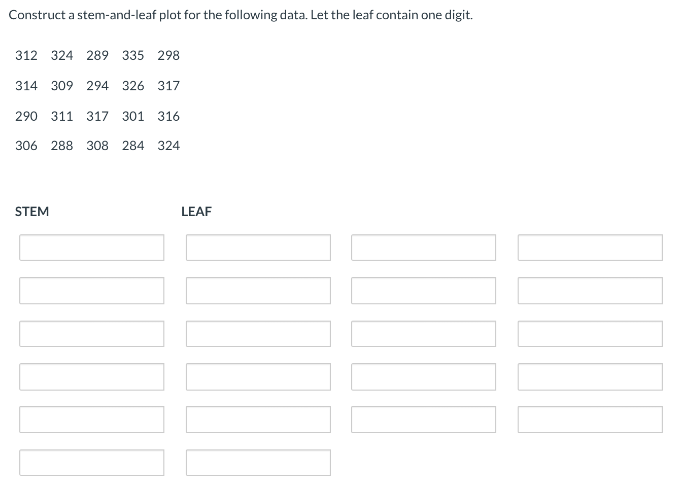 1) Construct a stem-and-leaf plot for the following data. Let the leaf