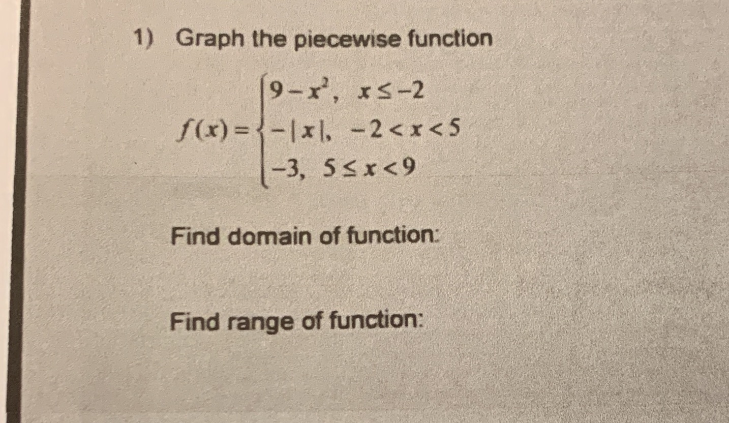 1) Graph the piecewise function 9-r2, xs-2 f IXI -3, 5SX