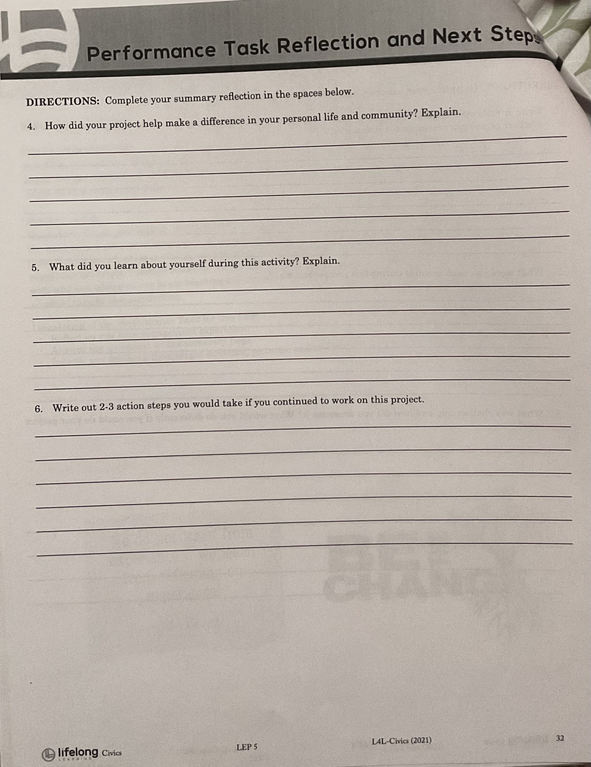 learn from my civic engagement experience. Performance Task In LEP 4, you