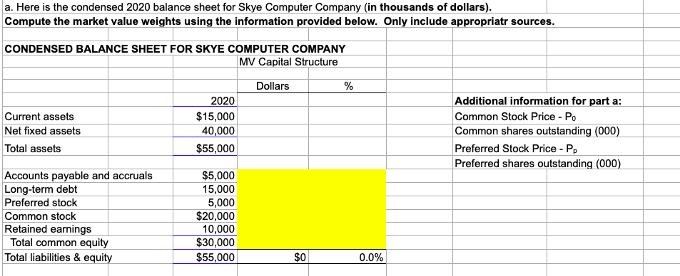 Compute the market value weights using the information provided below. Only include