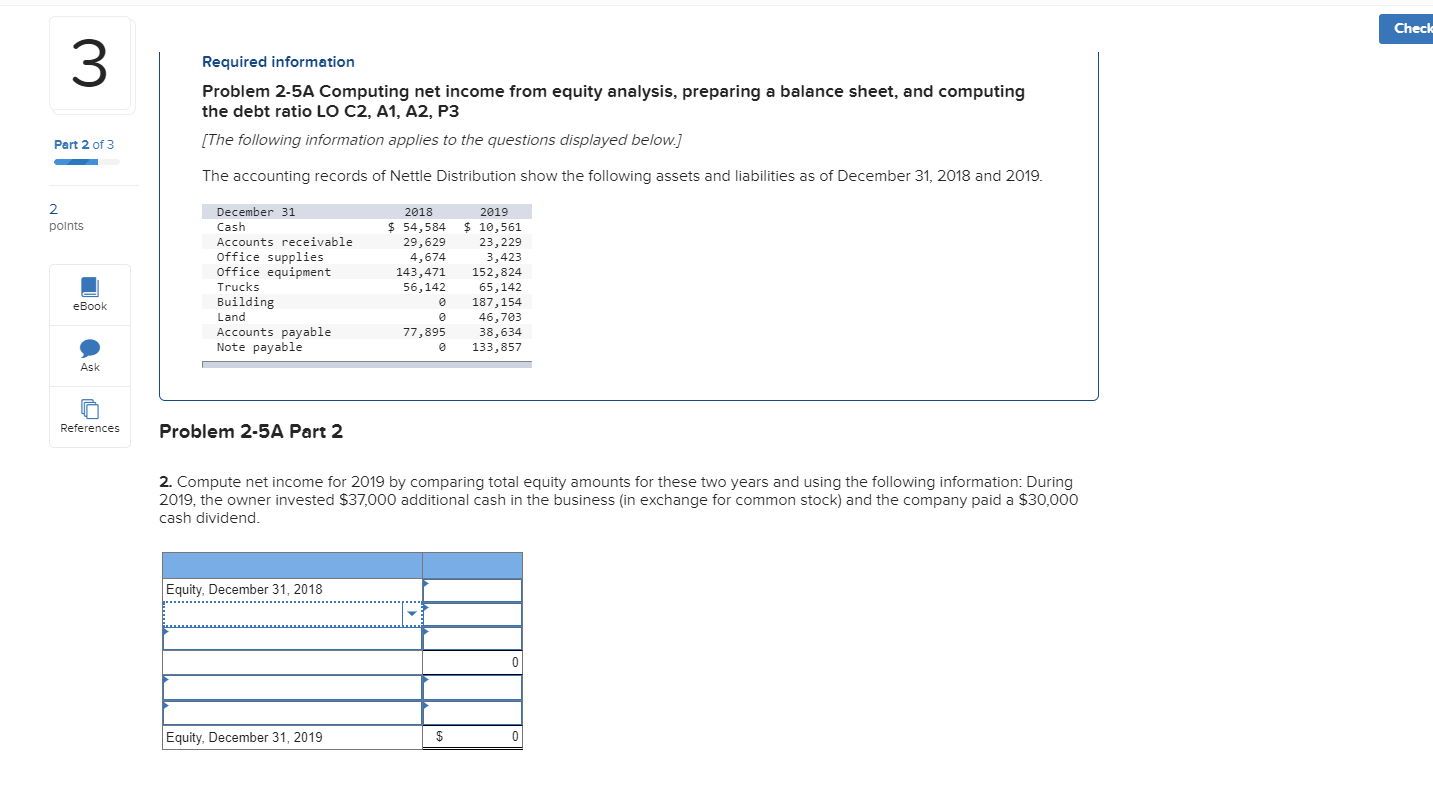  Check Required information Problem 2-5A Computing net income from equity analysis,