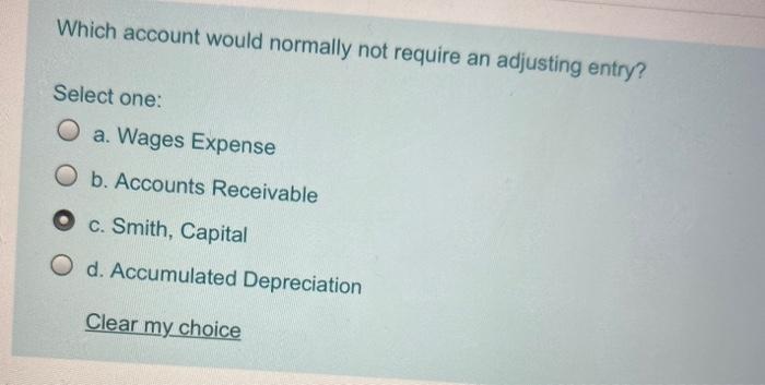  Which account would normally not require an adjusting entry? Select one: