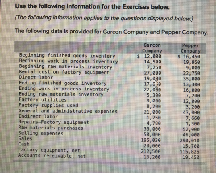  Use the following information for the Exercises below. (The following information