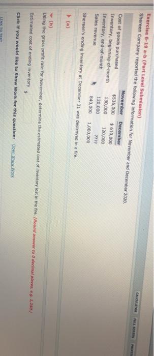  CALCULATOR FULL SCREEN Exercise 6-19 -b (Part Level Submission) Shereen Company