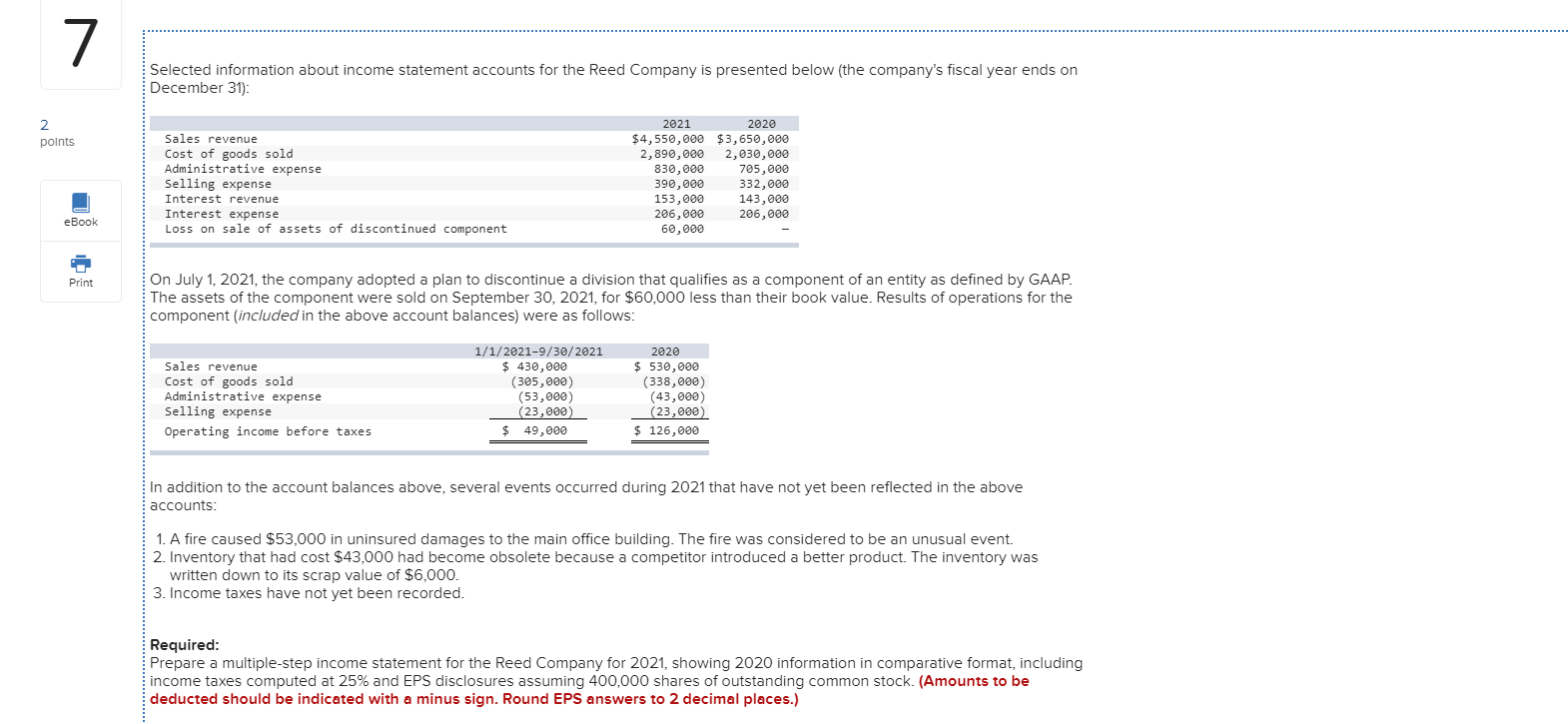 Selected information about income statement accounts for the Reed Company is