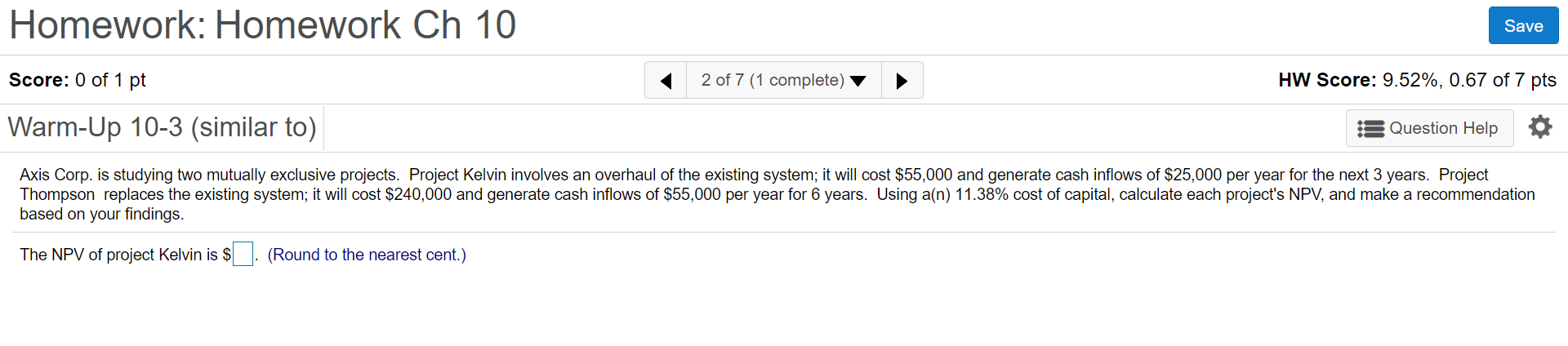 Homework: Homework Ch 10 Save Score: 0 of 1 pt 2