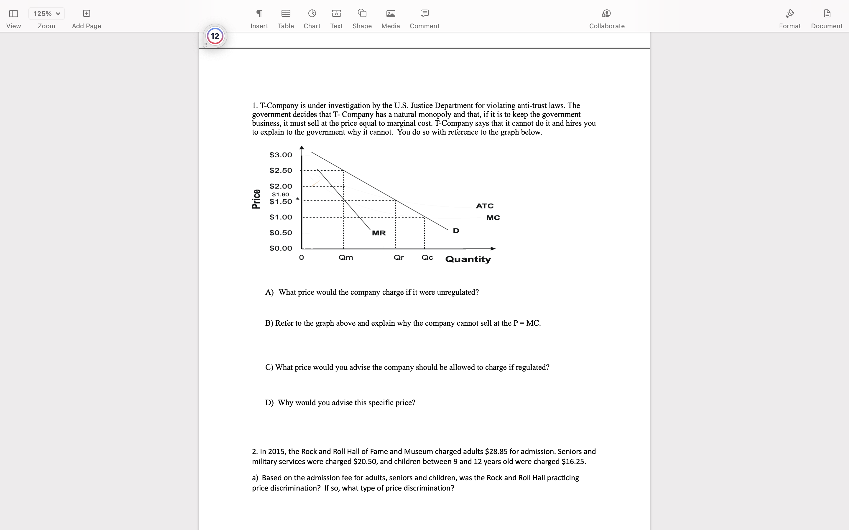 question 1 125% + T A View Zoom Add Page Insert Table