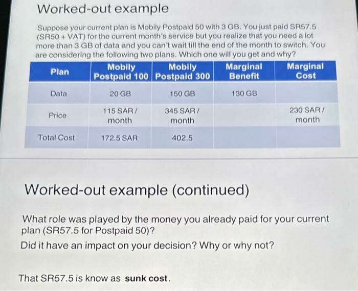 Worked-out example Suppose your current plan is Mobily Postpaid 50 with