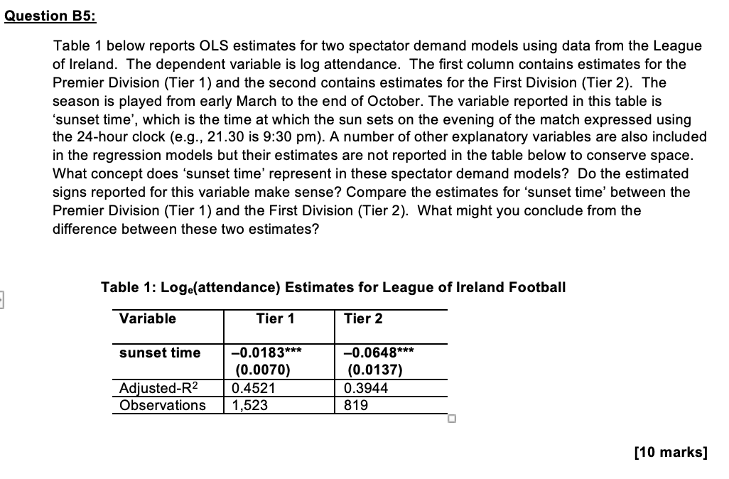 Question BS: Table 1 below reports OLS estimates for two spectator