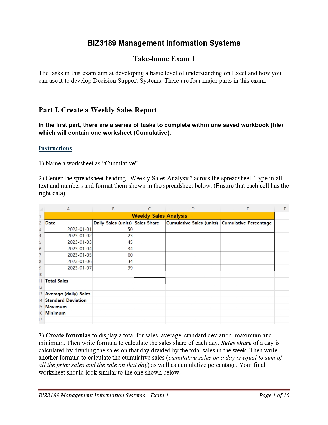  BIZ3189 Management Information Systems Take-home Exam 1 The tasks in this