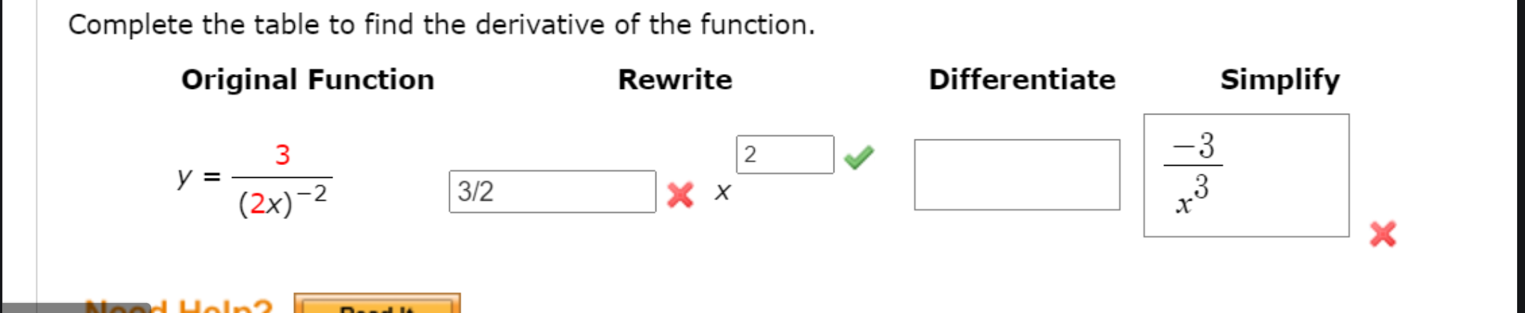  Complete the table to find the derivative of the function. Original