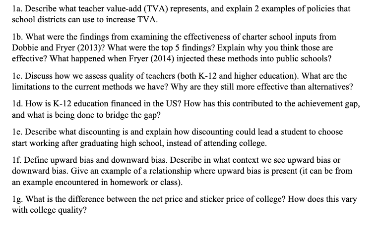  la. Describe what teacher value-add (TVA) represents, and explain 2 examples
