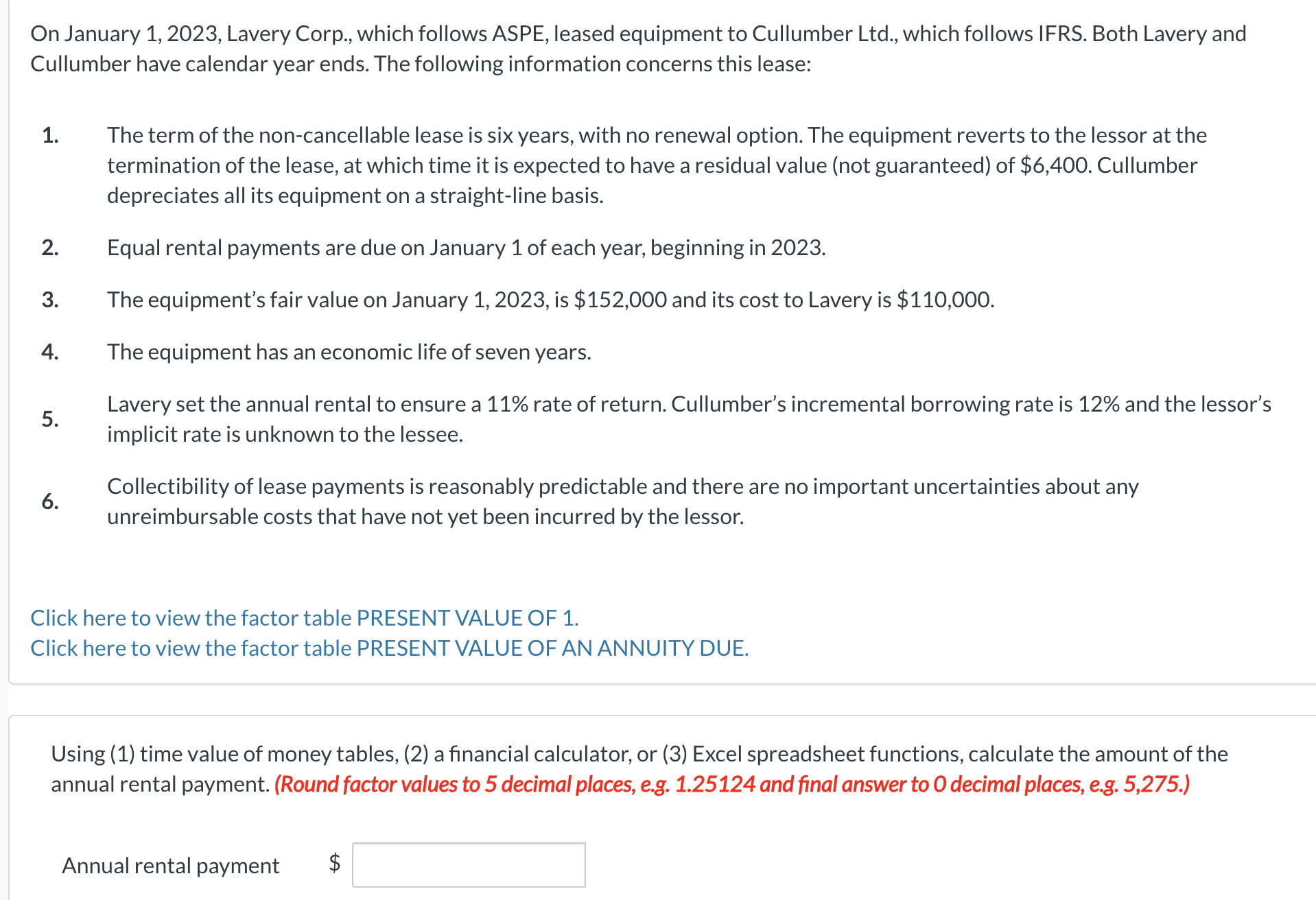 On January 1,2023, Lavery Corp., which follows ASPE, leased equipment to