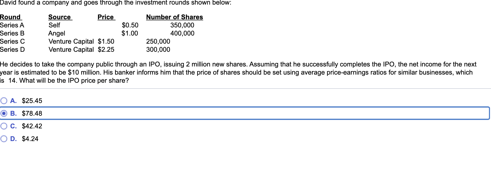 David found a company and goes through the investment rounds shown