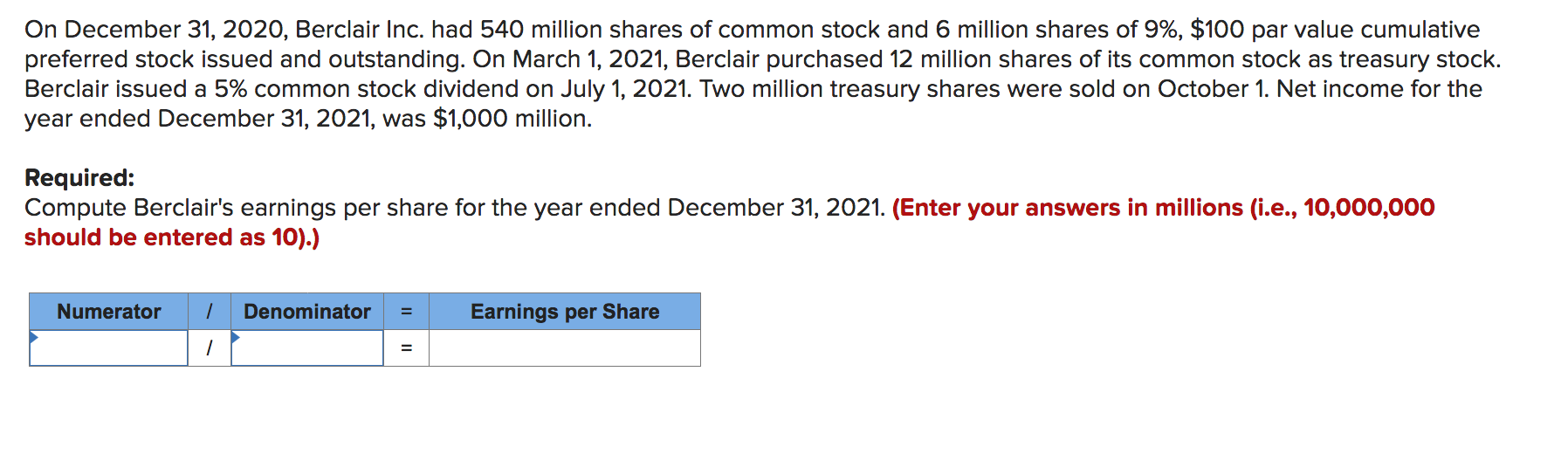  On December 31, 2020, Berclair Inc. had 540 million shares of