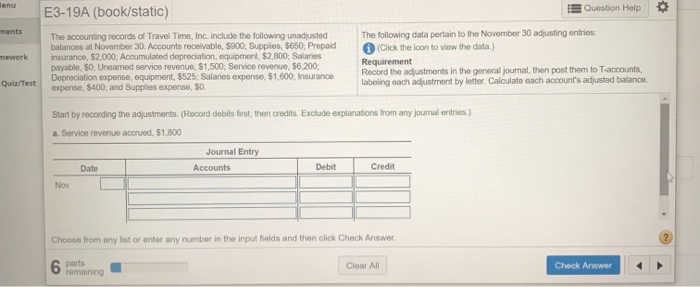  E3-19A (book/static) Question Help lenu ments The following data pertain to