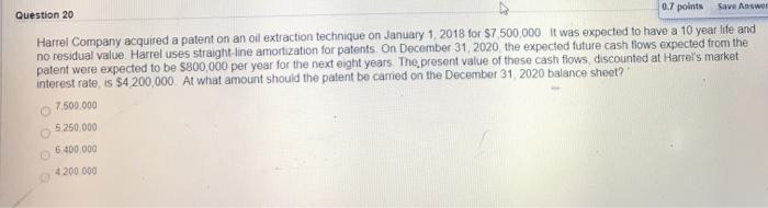  Save Answer Question 20 0.7 points Harrel Company acquired a patent