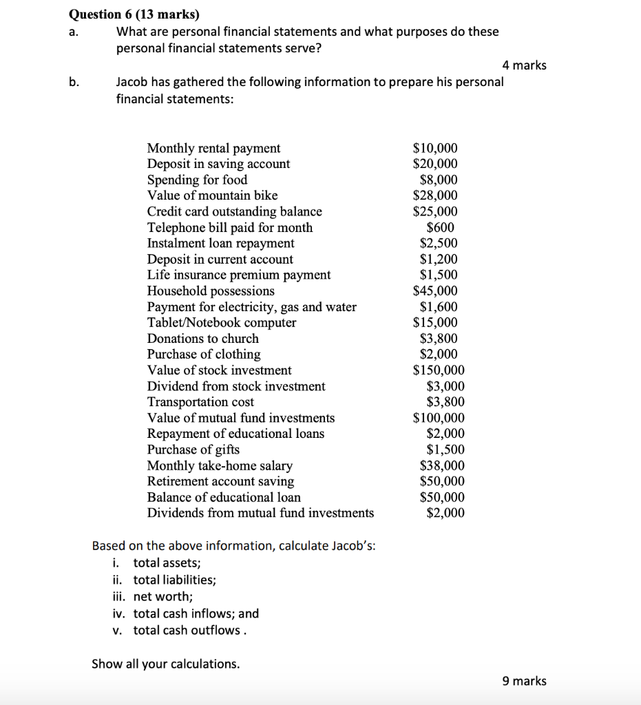 a. Question 6 (13 marks) What are personal financial statements and