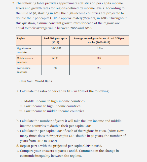 2. The following table provides approximate statistics on per capita income