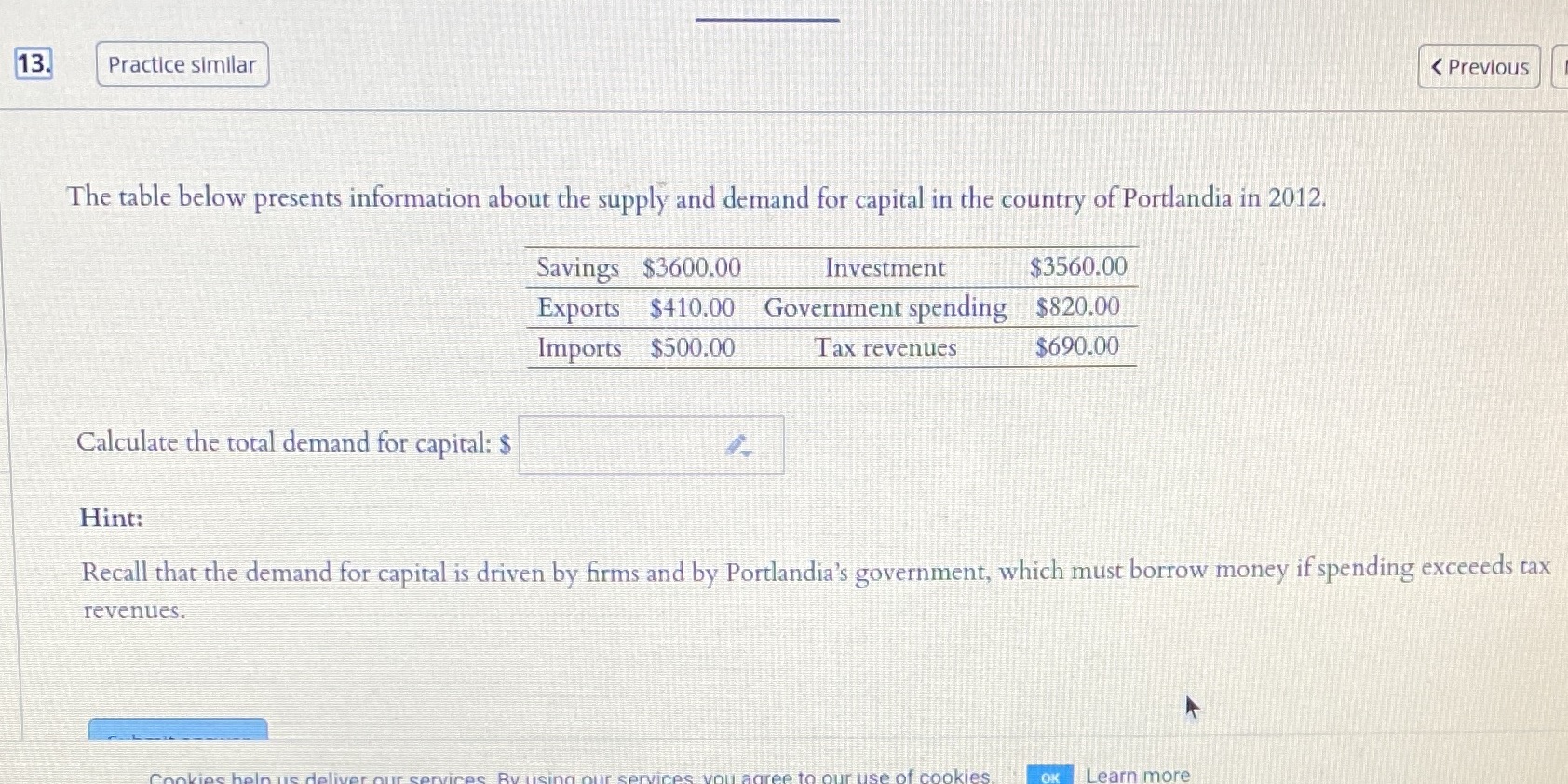 < Previous The table below presents information about the supply and demand