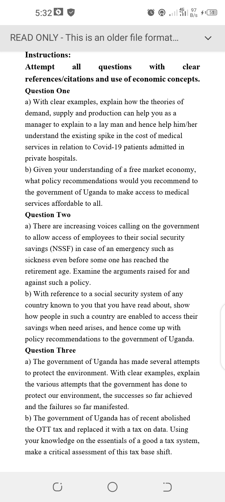 Question one 5:32E U '0 0 . 2'13. 3}; 4&1 READ ONLY