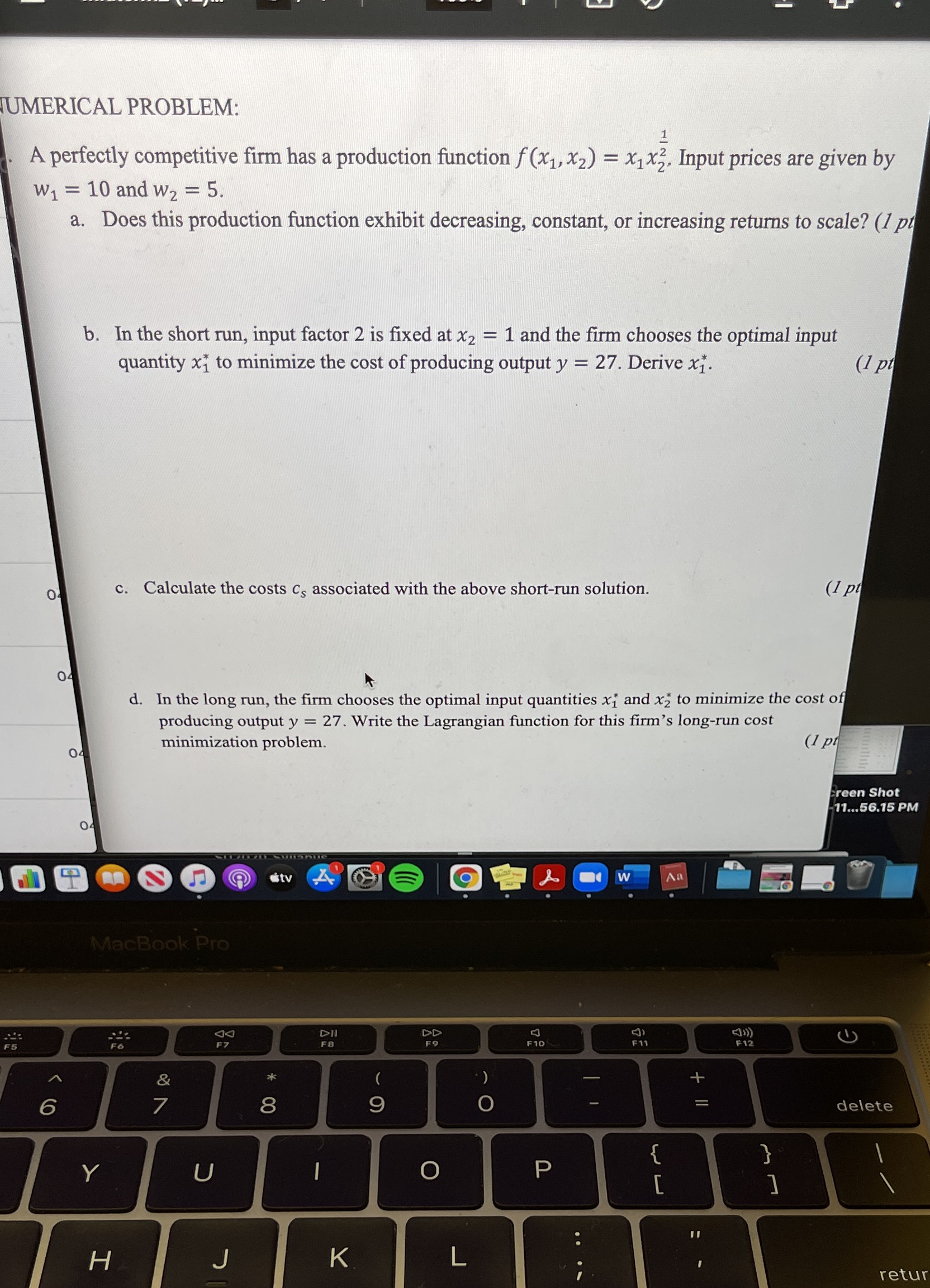  WERICAL PROBLEM: l ,. A perfectly competitive rm has a production