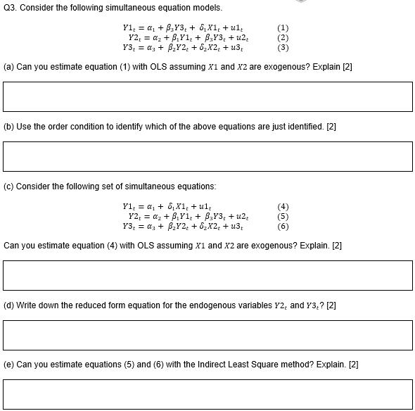 Q3. Consider the following simultaneous equation models. Yl, =@, + 8,13,