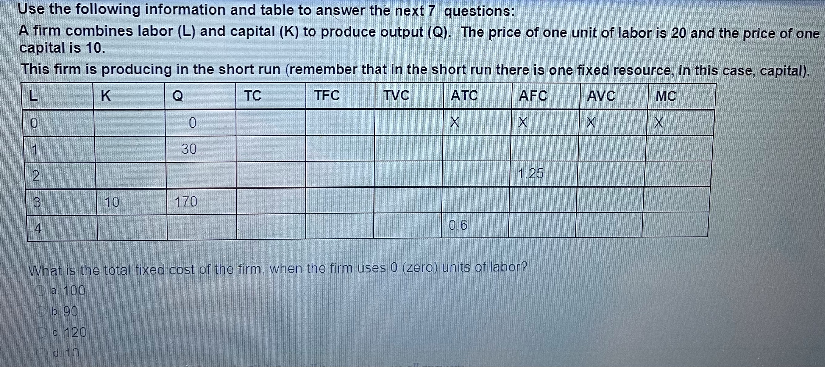 Homework help Use the following information and table to answer the next