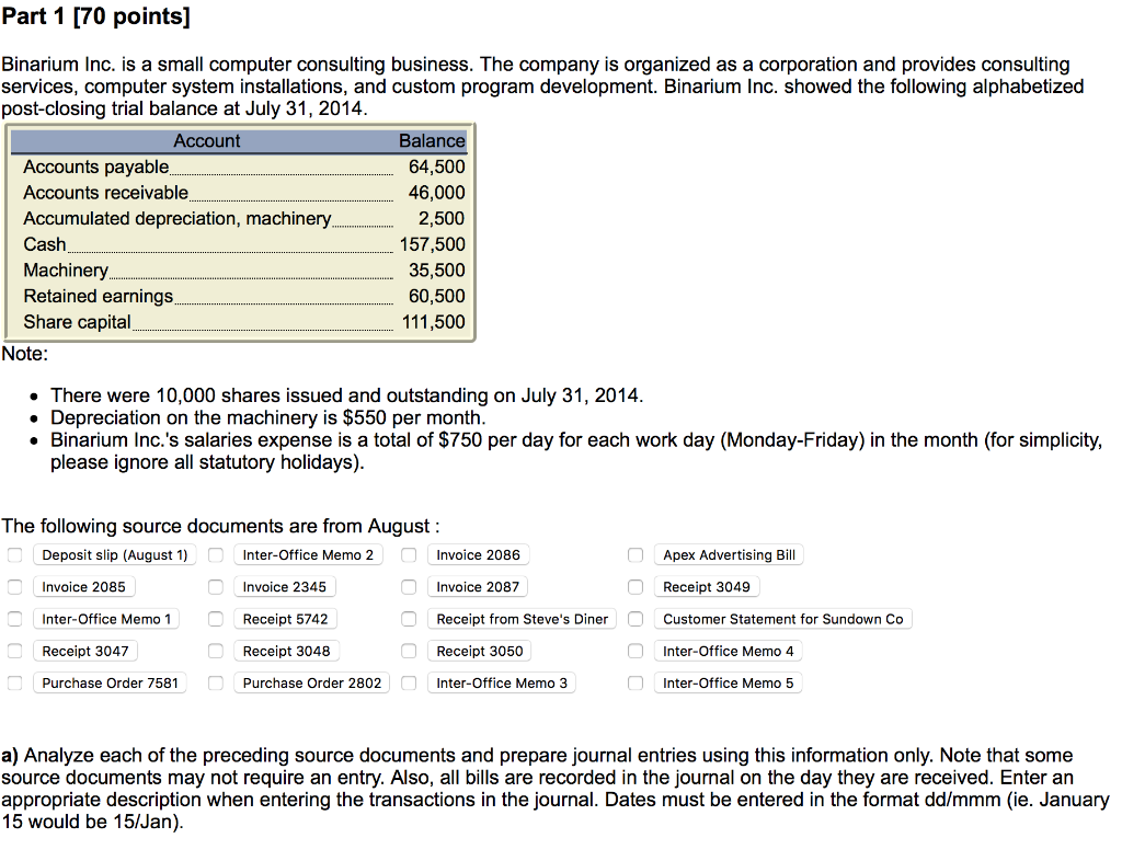 Part 1 [70 points) Binarium Inc. is a small computer consulting