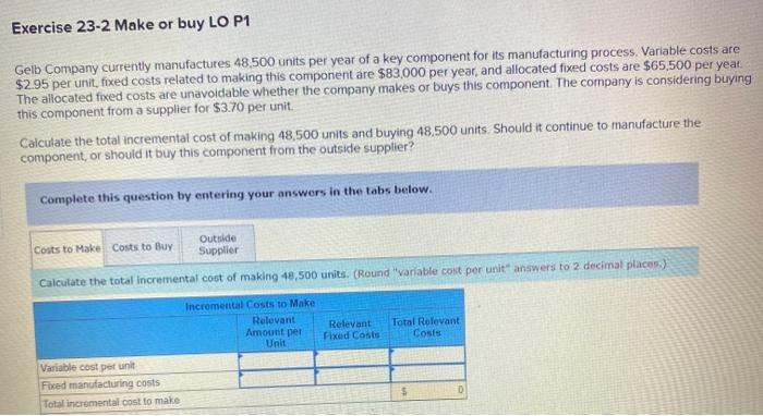  Exercise 23-2 Make or buy LO P1 Gelb Company currently manufactures