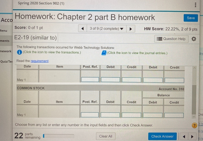 Chapter 2 part B homework Save Acco Score: 0 of 1 pt