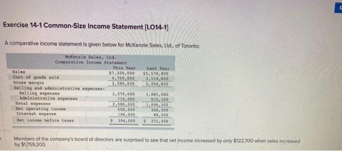  Exercise 14-1 Common-Size Income Statement [LO14-1] A comparative income statement is
