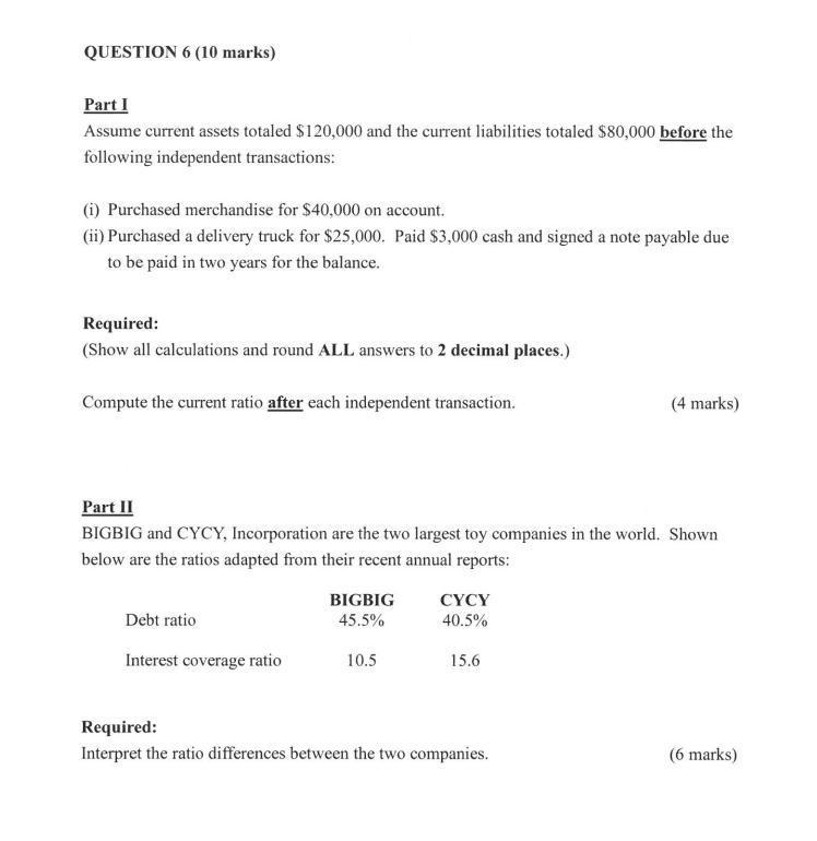 QUESTION 6 (10 marks) Part 1 Assume current assets totaled $120,000