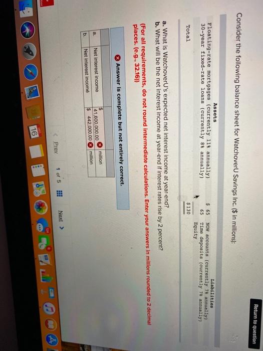  Return to question Consider the following balance sheet for Watchover Savings