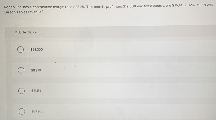  Rodeo, Inc. has a contribution margin ratio of 30%. This month,