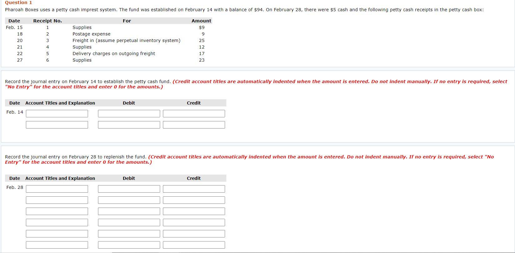 Question 1 Pharoah Boxes uses a petty cash imprest system. The